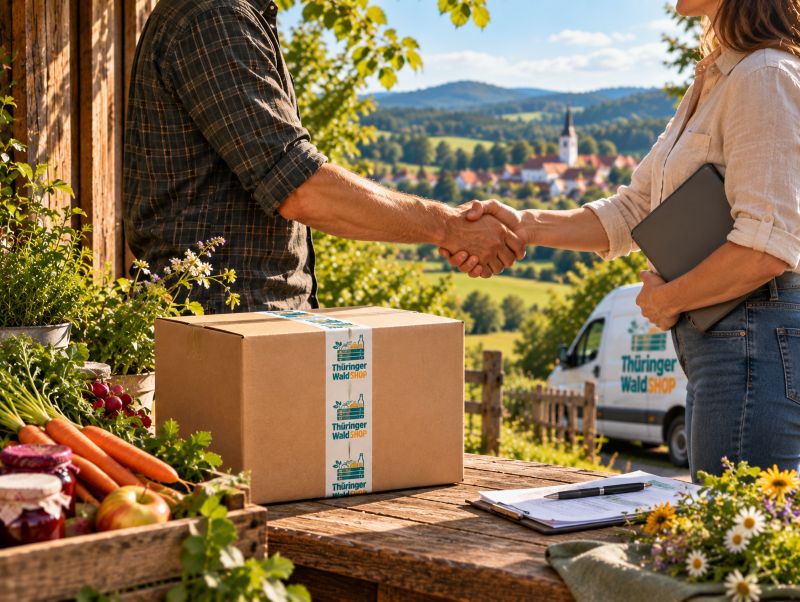 Geschäftspartner beim Handschlag vor einer Landschafth – Gemeinsam mit Erzeugern im Thüringer Wald