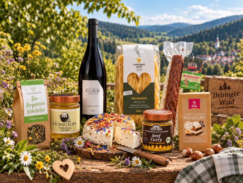 Thüringer Produkte vor der Landschaft des Thüringer Waldes