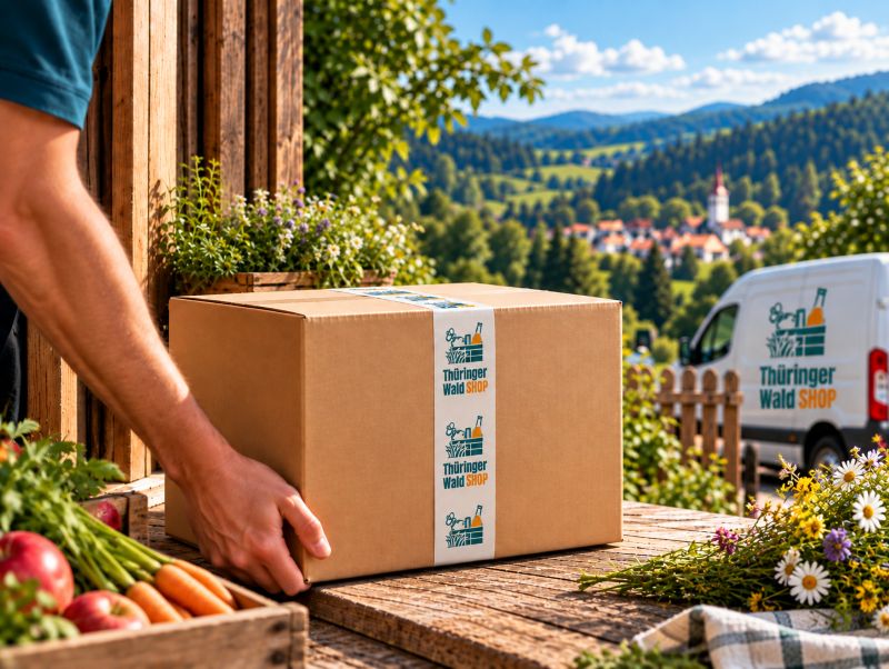 Versandkarton mit Thüringer Wald Shop Klebeband und Lieferfahrzeug